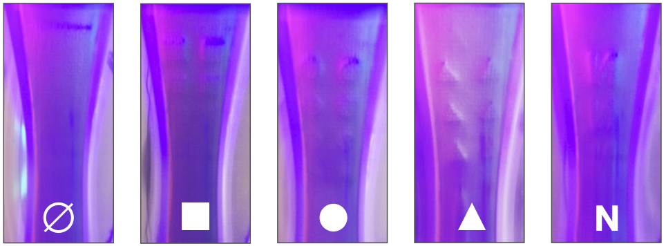 Five iridescent tactile images showing the deformation signature of flat, square, circle, triangle and letter-N patterns.